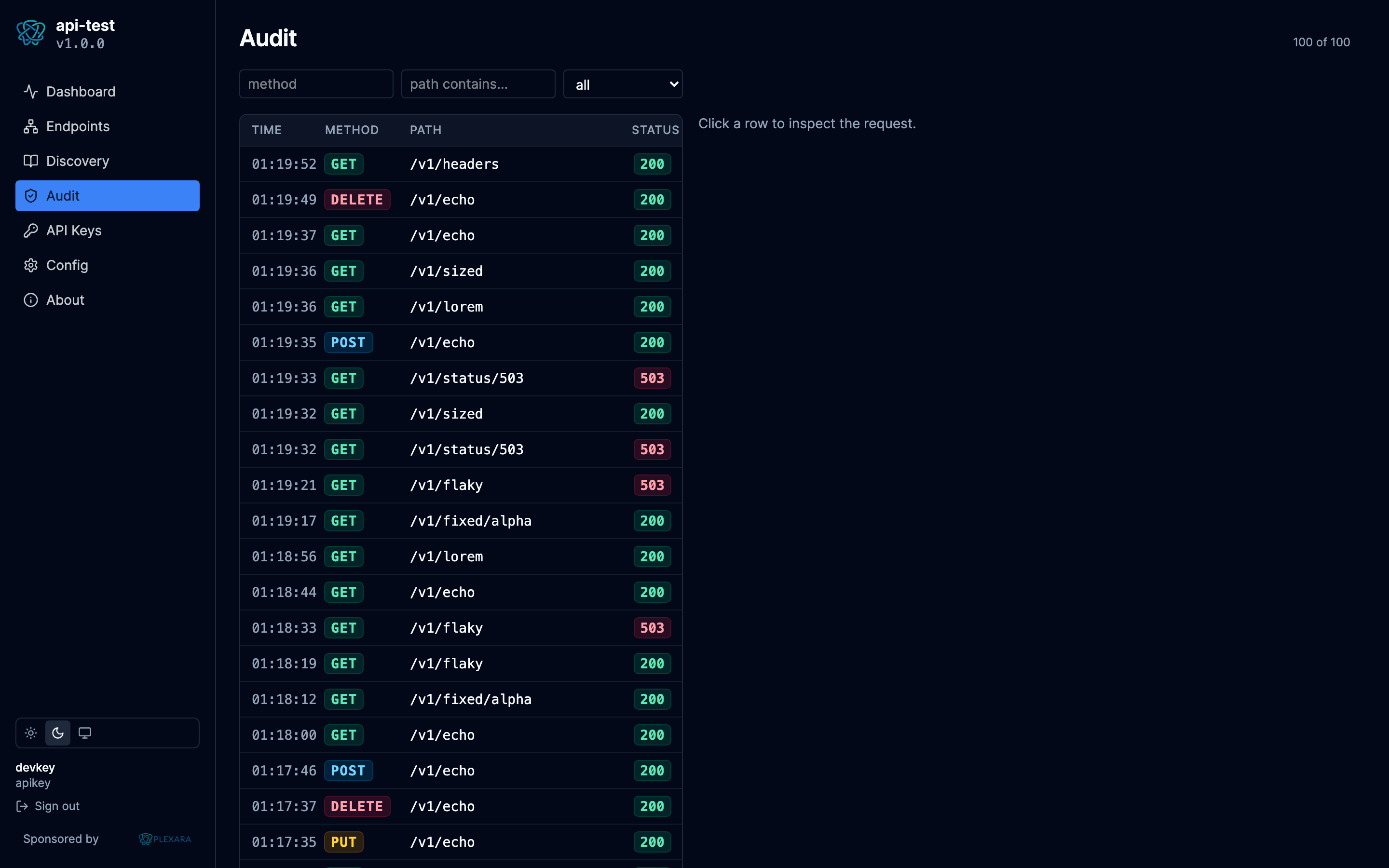 Portal Audit log screen, dark theme