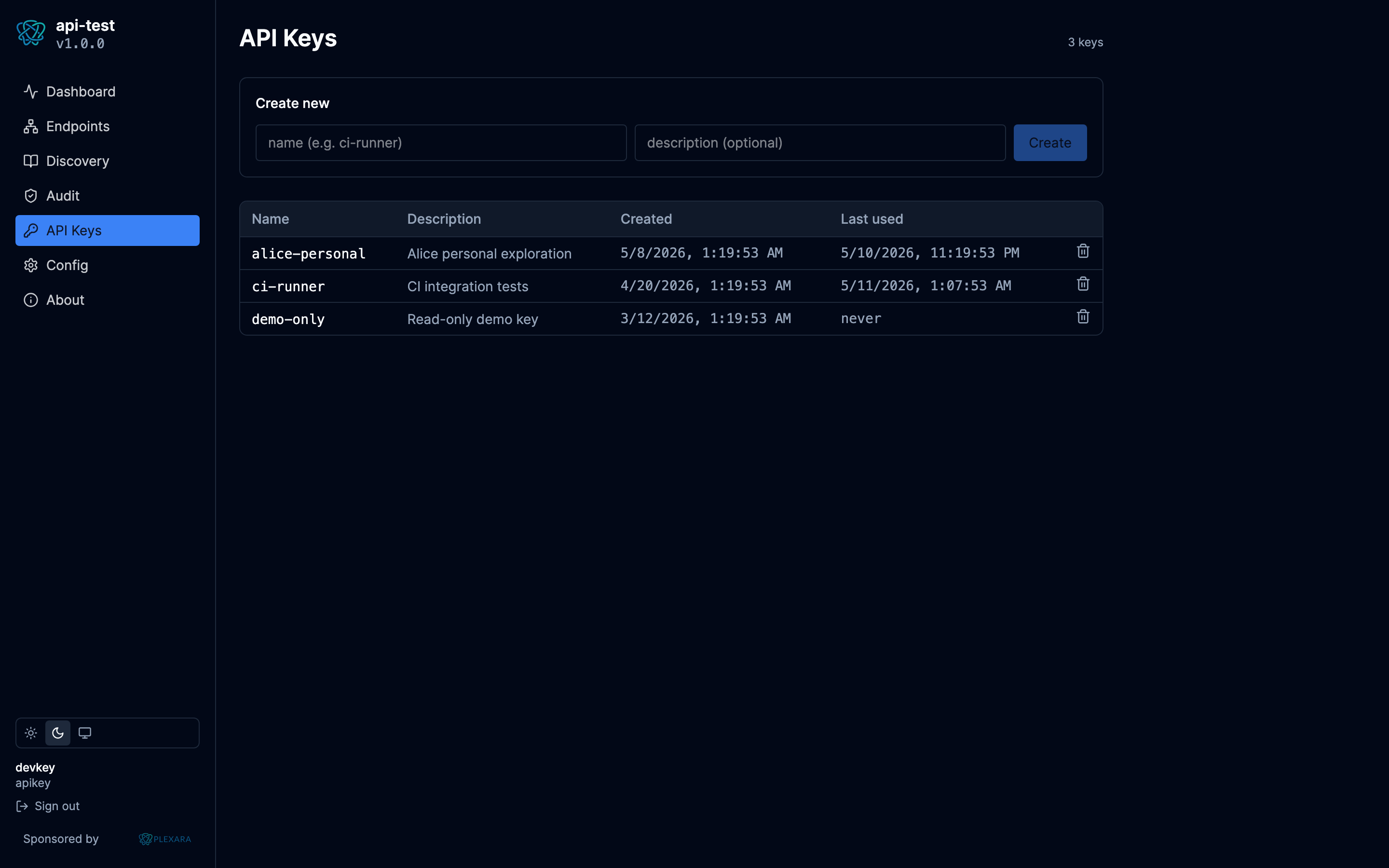 Portal API keys screen, dark theme