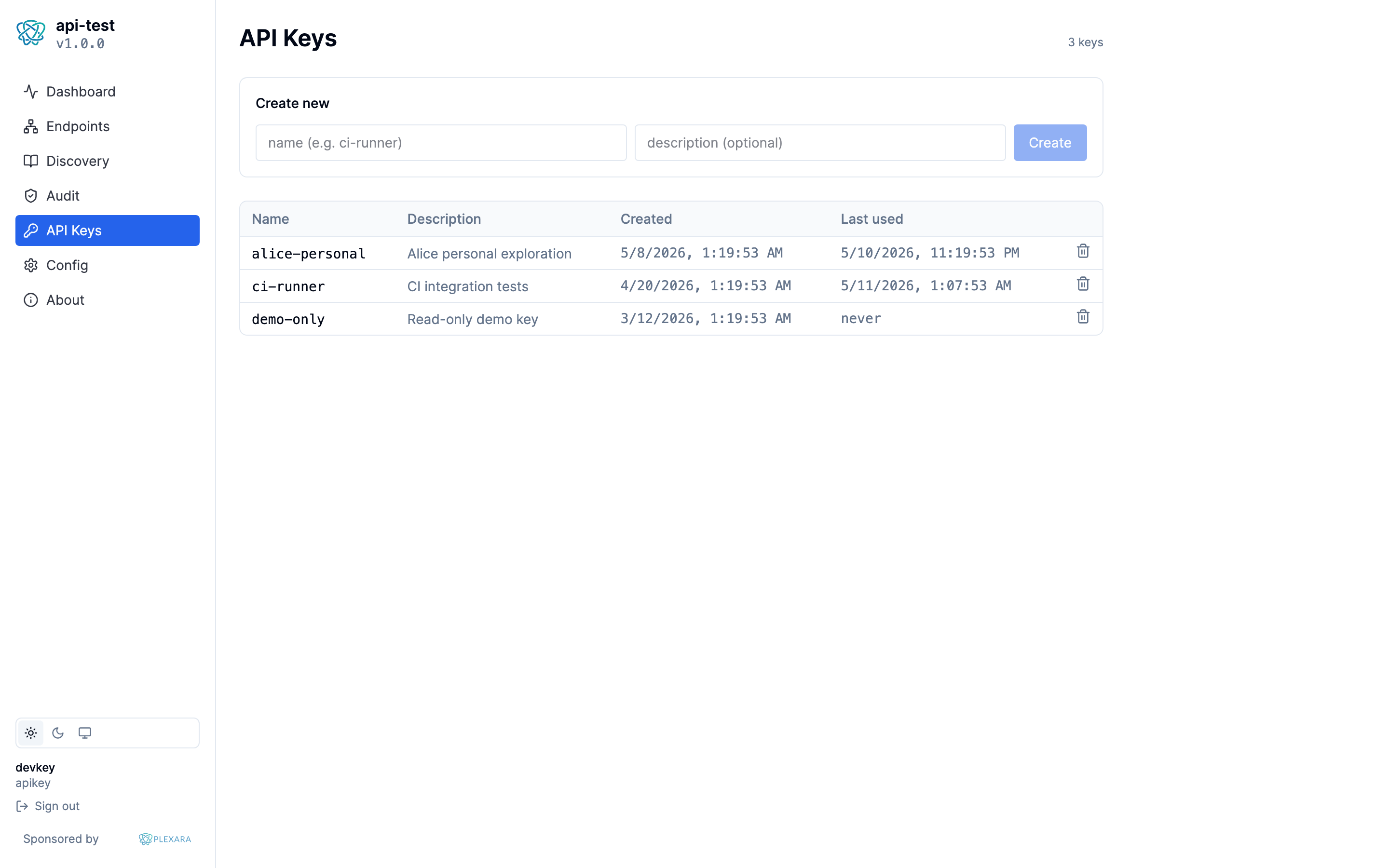 Portal API keys screen, light theme
