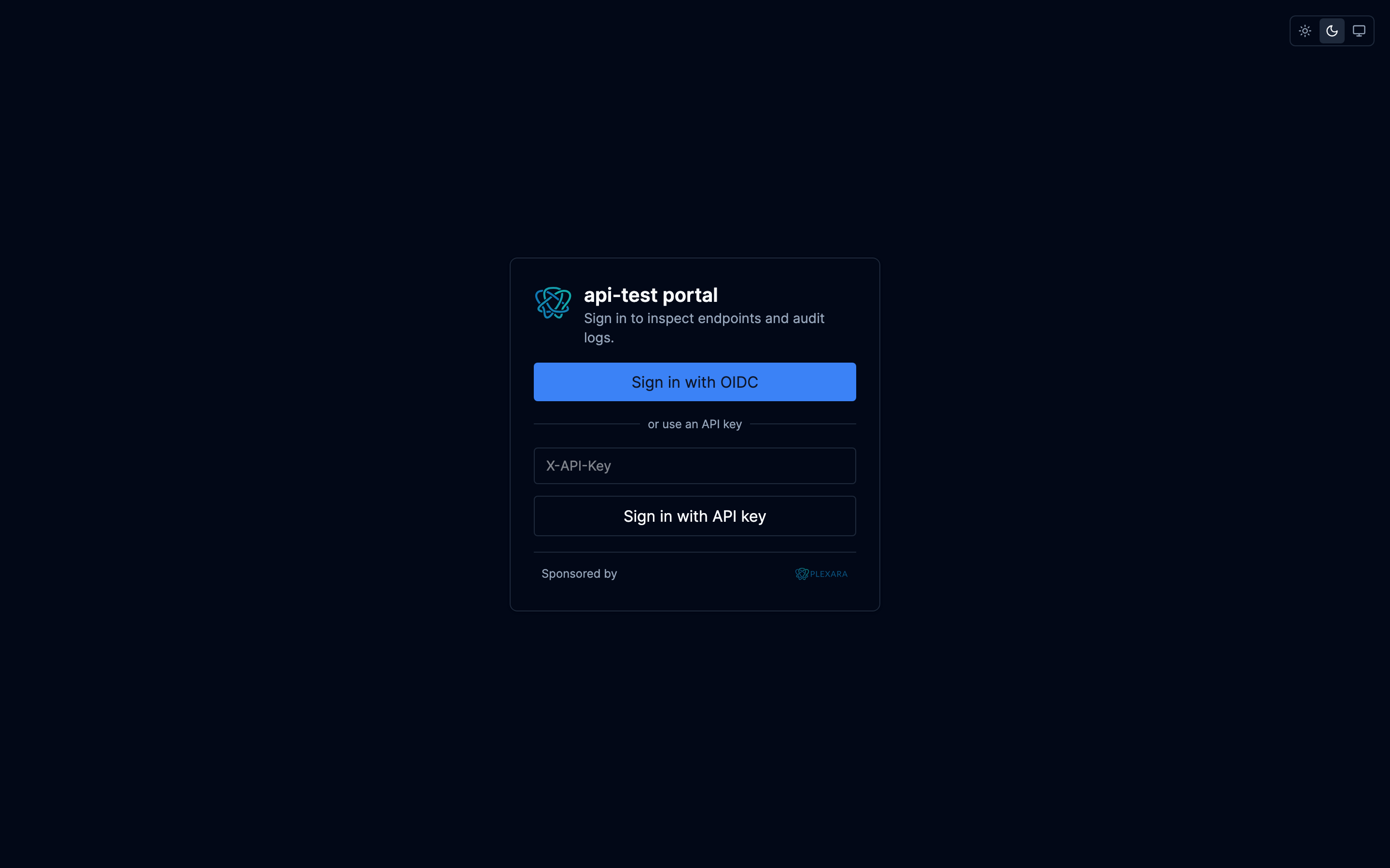 Portal sign-in screen with OIDC button and API key form, dark theme