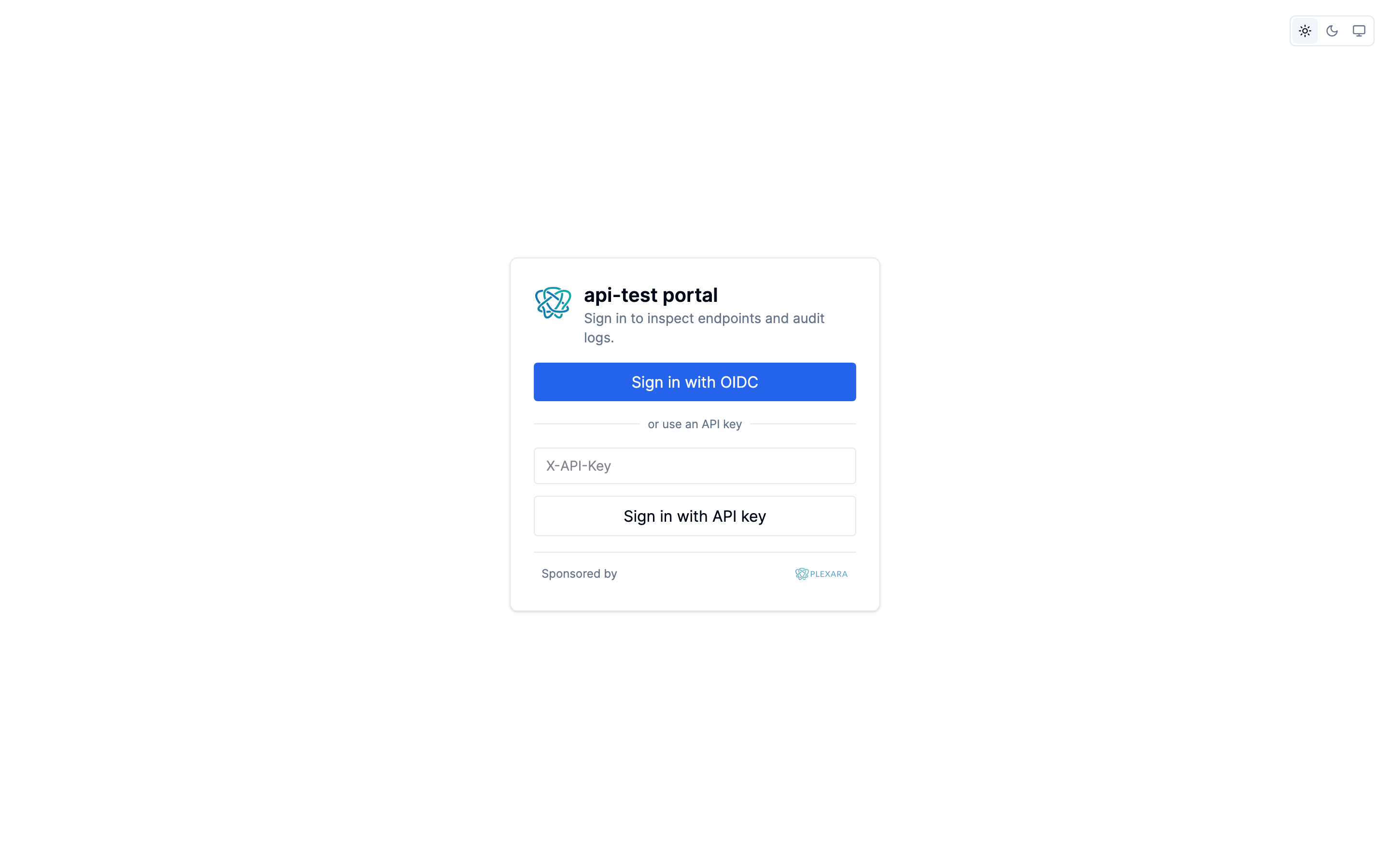 Portal sign-in screen with OIDC button and API key form, light theme